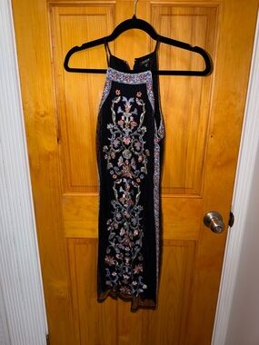 Guess Black Halter Mini Dress with Multicolor Floral Embroidery